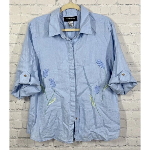 Vintage Sag Harbor Linen Shirt Women XL Button Floral Embroidered Lagenlook Top - Picture 1 of 10